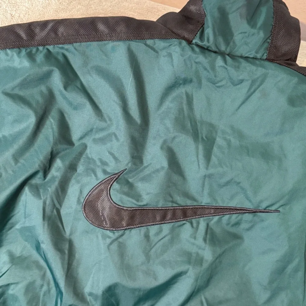 VTG Nike 90s Anorak Jacket Green Black Big Swoosh Quilted‎ L Pullover Kangaroo